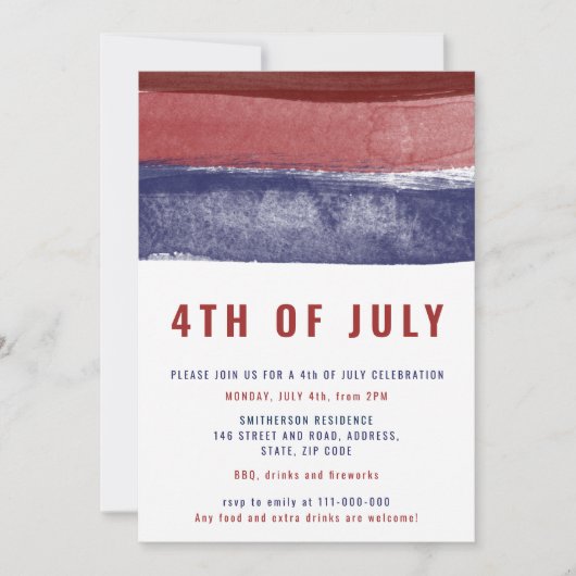 Moderne blauwe strepen waterverf 4 juli kaart (Voorkant)