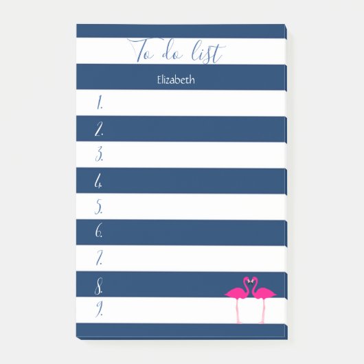 Moderne blauwe streping, roze flamingos, om lijst  post-it® notes (Voorkant)