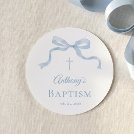 Moderne blauwe strik doopsticker voor jongen ronde sticker