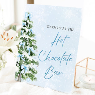 Moderne Blauwe Strikken Kerstboom Heet Chocolade B Reclamebord Met Voetstuk