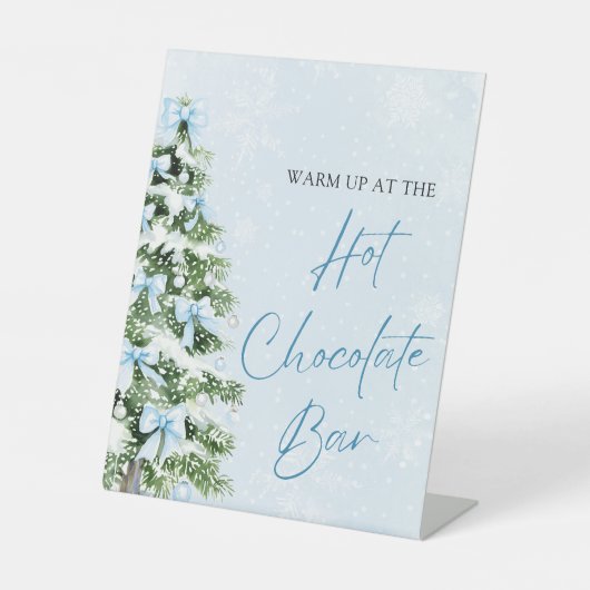 Moderne Blauwe Strikken Kerstboom Warme Chocolade  Reclamebord Met Voetstuk (Voorkant)