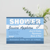 Moderne Blauwe Stripe Baby Shower-uitnodigingen Kaart (Staand voorkant)