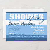 Moderne Blauwe Stripe Baby Shower-uitnodigingen Kaart (Voorkant / Achterkant)