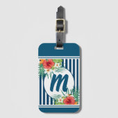 Moderne blauwe strips en bloemen monogram bagagelabel (Voorkant (verticaal))