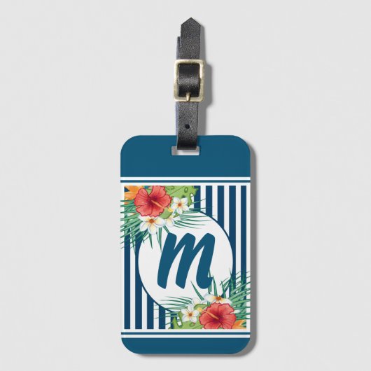 Moderne blauwe strips en bloemen monogram bagagelabel (Voorkant (verticaal))