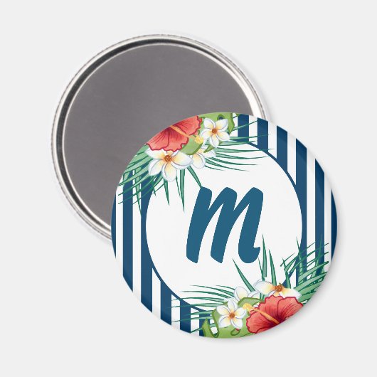 Moderne blauwe strips en bloemen monogram magneet (Voorkant / Achterkant)