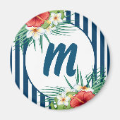 Moderne blauwe strips en bloemen monogram magneet (Voorkant)