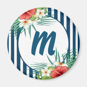 Moderne blauwe strips en bloemen monogram magneet