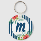 Moderne blauwe strips en bloemen monogram sleutelhanger (Voorkant)