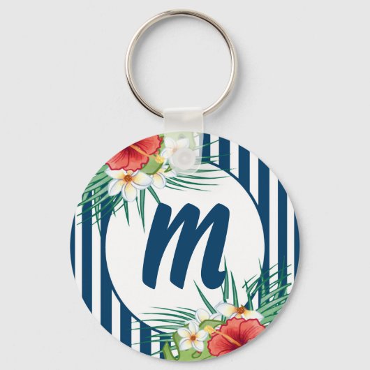 Moderne blauwe strips en bloemen monogram sleutelhanger (Voorkant)