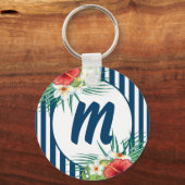 Moderne blauwe strips en bloemen monogram sleutelhanger (Achterkant)