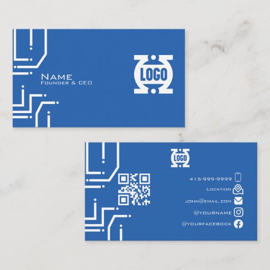 Moderne blauwe Tech-printplaat QR-code Visitekaartje (Voorkant / Achterkant)