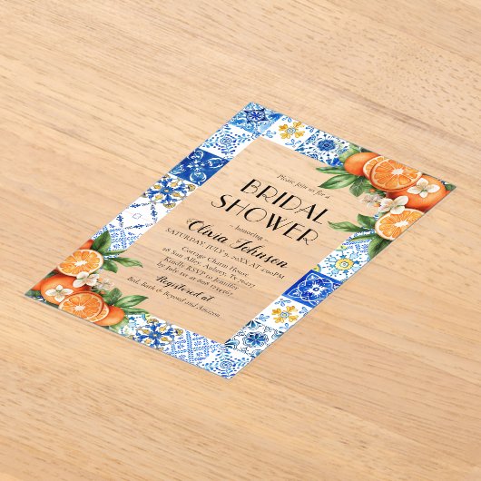 Moderne Blauwe Tegels Sinaasappels Italiaans Vrijg Acryl Uitnodigingen (Laagn)