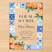 Moderne Blauwe Tegels Sinaasappels Italiaans Vrijg Acryl Uitnodigingen (Voorkant)