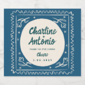 Moderne blauwe tekening handschrift retro bruiloft sparkling wijnetiket (Enkel label)