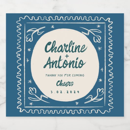 Moderne blauwe tekening handschrift retro bruiloft sparkling wijnetiket (Enkel label)