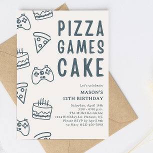 Moderne Blauwe Tienerjongen Gamen en Pizza Verjaar Kaart