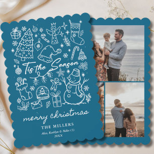 Moderne Blauwe Tis the Season Kerst Doodle Feestdagenkaart
