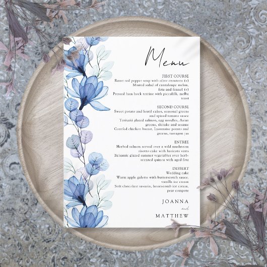 Moderne Blauwe Transparante Bloemen Huwelijk Menu
