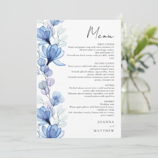 Moderne Blauwe Transparante Bloemen Huwelijk Menu (Staand voorkant)