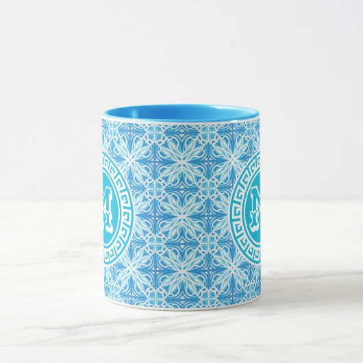 Moderne Blauwe Trellis Print Witte Tekst Mok (Midden)