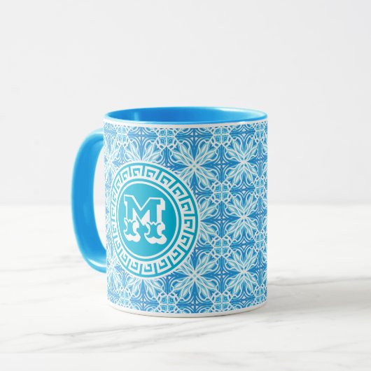 Moderne Blauwe Trellis Print Witte Tekst Mok (Voorkant links)