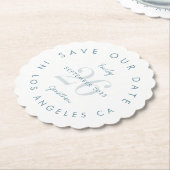 Moderne blauwe typografie sparen de datum kartonnen onderzetters (Gekanteld)