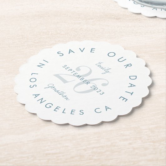 Moderne blauwe typografie sparen de datum kartonnen onderzetters (Gekanteld)