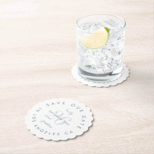 Moderne blauwe typografie sparen de datum kartonnen onderzetters (Insitu)