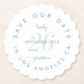 Moderne blauwe typografie sparen de datum kartonnen onderzetters (Voorkant)