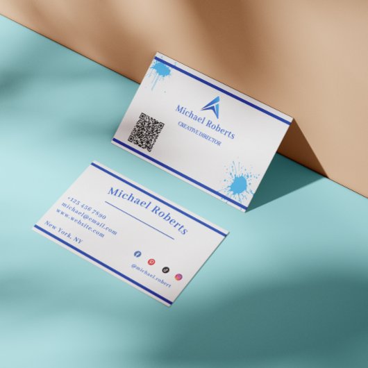 Moderne Blauwe Verfspat Creatief met QR-code Visitekaartje