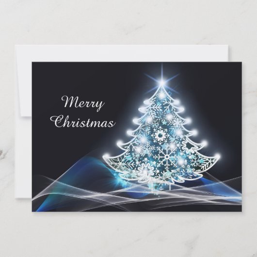 Moderne blauwe, verlichte kerstboom feestdagenkaart (Voorkant)