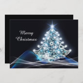 Moderne blauwe, verlichte kerstboom feestdagenkaart (Voorkant / Achterkant)