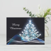 Moderne blauwe, verlichte kerstboom feestdagenkaart (Staand voorkant)