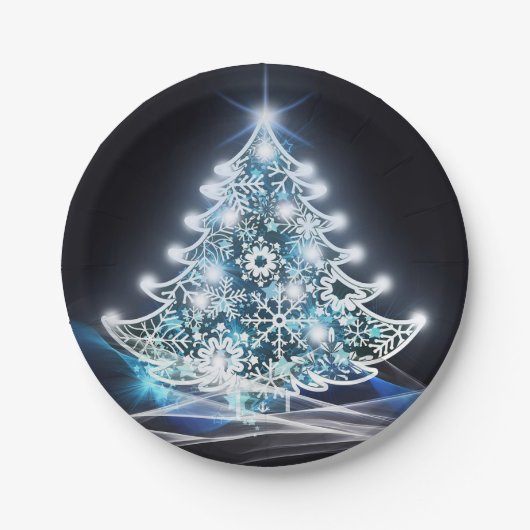 Moderne blauwe, verlichte kerstboom papieren bordje (Voorkant)