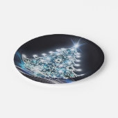 Moderne blauwe, verlichte kerstboom papieren bordje (Gekanteld)