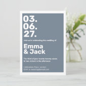 Moderne blauwe verticale datum bruiloft kaart (Staand voorkant)