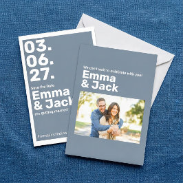Moderne blauwe verticale datum bruiloft save the date