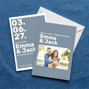Moderne blauwe verticale datum bruiloft save the date