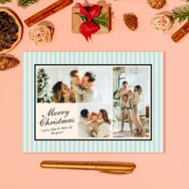 Moderne Blauwe Verticale Streep 3 Foto Kerstmis Feestdagenkaart