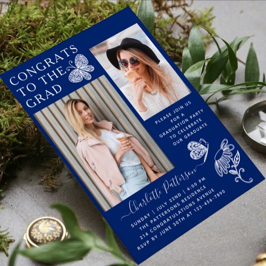 Moderne blauwe vlinder foto afstudeerfeest kaart