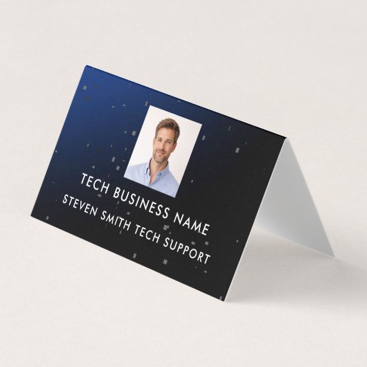 Moderne Blauwe Voeg Foto & QR Code Toe Tech Profes Visitekaartje (Voorkant)