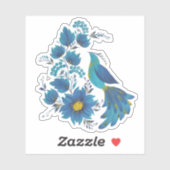 Moderne Blauwe Vogel Folk Art Bloemsticker Sticker (Vel)