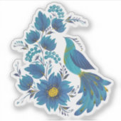 Moderne Blauwe Vogel Folk Art Bloemsticker Sticker (Voorkant)