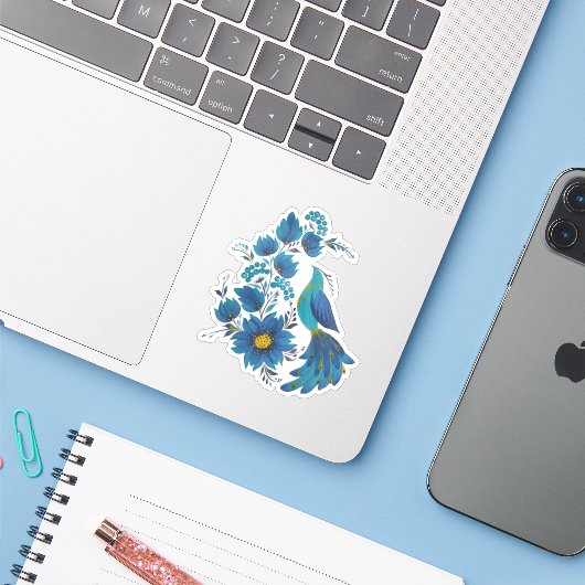 Moderne Blauwe Vogel Folk Art Bloemsticker Sticker (Laptop met iPhone)