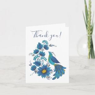 Moderne Blauwe Vogel Volkskunst Bloemrijke Wenskaa Kaart