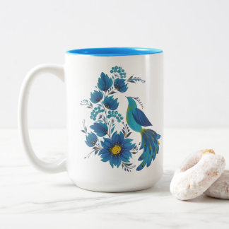 Moderne Blauwe Vogel Volkskunst Bloemstuk Tweekleurige Koffiemok