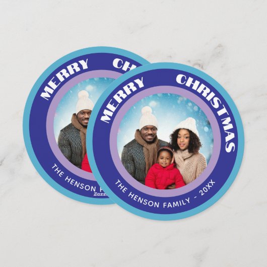 Moderne blauwe vrolijke kerstfoto feestdagenkaart (Voorkant / Achterkant)