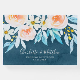 Moderne Blauwe Waterverf Botanische Bruiloft Gastenboek
