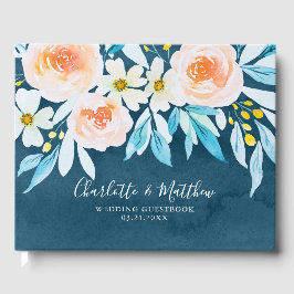 Moderne Blauwe Waterverf Botanische Bruiloft Gastenboek